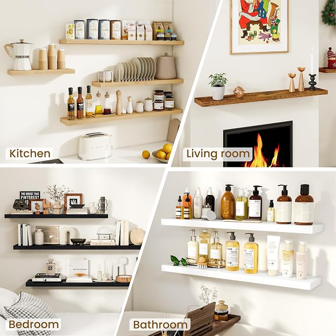 Dreamland 40Inch Floating Shelves for Wall, Rustic Wooden Black Floating Shelves for Living Room, Kitchen, Farmhouse, Deep Wall Mounted Book Shelf, Wood Storage Display Shelf for Home Decor, Set of 2