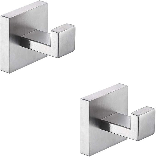 TASTOS Bath Towel Hooks Brushed Nickel, 2 Pack Stainless Steel Robe Coat and Clothes Hook, Heavy Duty Wall Hook for Bathroom & Kitchen, Modern Square Style Wall Mounted (Silver)