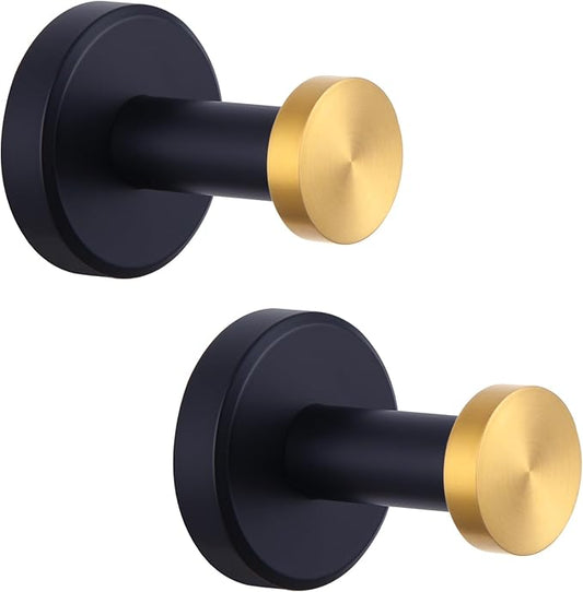 APLusee Bathroom Robe Towel Hook 2 Pack, Stainless Steel Round Clothes Holder, Toilet Bath Kitchen Door Wall Mounted Hanger, Black Gold