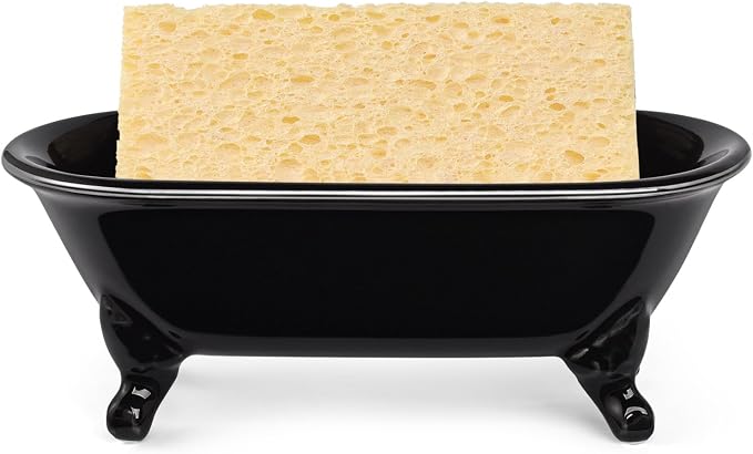 6.5" Ceramic Mini Decorative Clawfoot Bathtub Bar Soap Dish, Kitchen Sponge Holder and Shower Tray for Bathroom, 1 Pack (Black Silver Rim)
