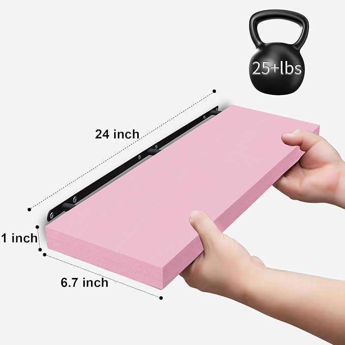 SAUMONIERES Floating Wall Shelves for Bedroom Bathroom Wall Mounted Solid Wood Shelf 24 Inch Set of 3, Pink Floating Shelves