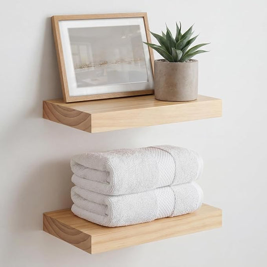 Homeforia 12 inch Natural Floating Shelf, High End Solid Real Wood 12inch Small Floating Shelves for Wall Mounted, Natural Wooden Floating Shelves, Heavy Duty Bracket, 12 X 6.5 X 1.75 in, Set of 3