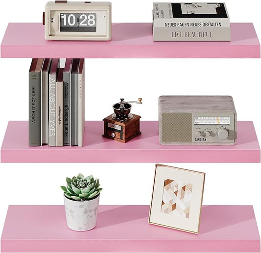 SAUMONIERES Floating Wall Shelves for Bedroom Bathroom Wall Mounted Solid Wood Shelf 24 Inch Set of 3, Pink Floating Shelves