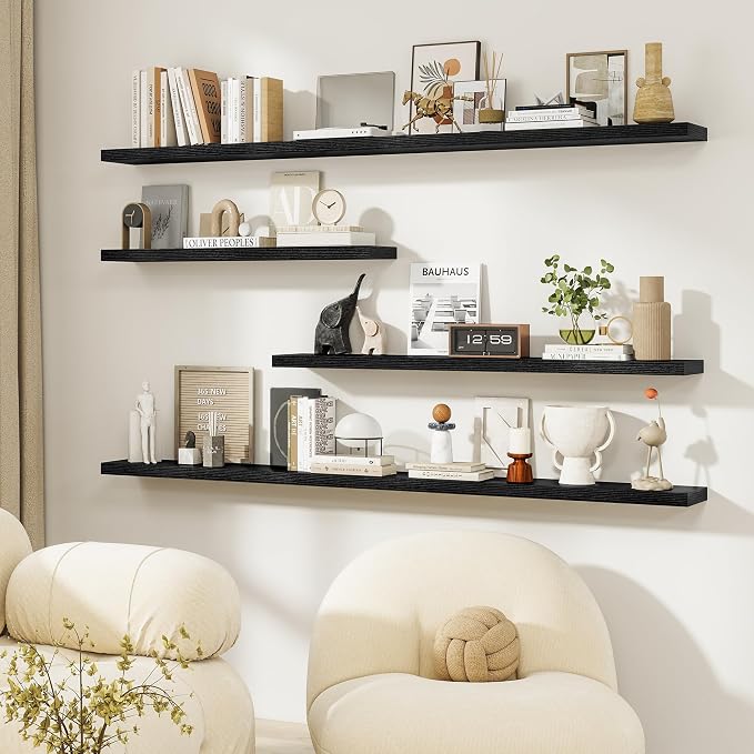 Dreamland 40Inch Floating Shelves for Wall, Rustic Wooden Black Floating Shelves for Living Room, Kitchen, Farmhouse, Deep Wall Mounted Book Shelf, Wood Storage Display Shelf for Home Decor, Set of 2