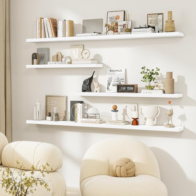 Dreamland Floating Shelves, 20Inch Rustic Wooden White Wall Shelves for Bathroom|Bedroom|Kitchen, Deep Wall Mounted Book Shelf, Wood Storage Display Shelf for Home Decor, Set of 2