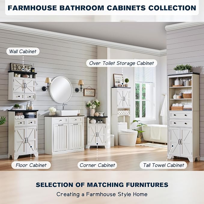 ACCOHOHO Over The Toilet Storage Cabinet, Farmhouse Bathroom Cabinet with Adjustable Shelf & Barn Door, 67" Tall Over The Toilet Shelf, Off White